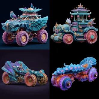 请根据文字描述，生成一张8k分辨率图片，图片画风采用纯写实画风，融合有falcom公司知名arpg游戏《伊苏》系列之画风，画面为一辆上古时代异世界原始部落风与埃及文明风、安第斯文明风，及星际争霸虫族文明和人族文明造型要素，交融流合之奇幻载具，奇幻部落载具要显得宽阔巨型大气，画面构图视角为宽屏广景视角，魔幻载具风格鲜艳明亮、七彩六色、华丽复杂、曲折优雅、活泼可爱、立体明晰、天马行空、空灵玄妙、魔幻神奇、工艺精巧、科技卓绝、变形姿态，尽显古怪奇异华丽构造，背景不能黑洞洞一片和是为单色构造，背景充满青铜机械、晶石浮空岛与美食变幻而成的古怪建筑。原文：请根据文字描述，生成一张8k分辨率奇幻异世界风四层百褶载具，四层百褶载具风格鲜艳明亮、七彩六色、华丽复杂、曲折优雅、活泼可爱、立体明晰、天马行空、空灵玄妙、魔幻神奇、工艺精巧、科技卓绝、变形姿态，尽显古怪奇异华丽构造，原文：车身主色彩为青蓝色、紫蓝色、紫红色、橙红色，车胎除了三片倒三角弧外，还雕刻着一圈辐射流苏状轮回圈，轮回圈中间雕画着一只软萌可爱戴有金发紫瞳美少女面具之古怪猫头鹰，这只猫头鹰对折着腿脚，身上羽毛形状犹如挥拳闪电、叠床葱片、回形弹簧，驾驶室形状构造为一辆车头形状好比阿兹特克风薙刀及豪萨风玉器水井，轮胎形状犹如变色龙卷筒状舌头，后车厢形状好似一辆水晶塔神殿之紫蓝色、紫粉色、红绿色、青绿色魔法战车，战车驾驶间形态好比一辆彩虹糖堆叠而成之倒三角战舰型法师塔，法师塔中间开有一扇孔雀羽扇状窗户，窗户冒出一个有着可爱挑逗五官之拟人状爱心，车脚形状为一只拥有差分管、曲颈瓶、大烧杯、长法杖、圆试管之魔法茶炊装置，魔法茶炊中间，映照着一双睫毛修长，瞳孔倩丽之粉色美少女瞳孔，车盖形状是为一杆彩虹竹筒形气囊状笛子，笛子色彩鲜美艳丽，有着绿色、蓝色、粉色、红色、青色、紫色、黄色之华丽配色方案，笛子吹孔为竹简剃刀形状，笛子管身犹如镂空切片形圆柱，笛子出气孔为圆形车胎形状。