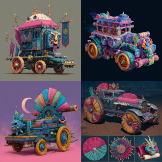 请根据文字描述，生成一张8k分辨率图片，图片画风采用纯写实画风，融合有falcom公司知名arpg游戏《伊苏》系列之画风，画面为一辆上古时代异世界原始部落风与埃及文明风、安第斯文明风，及星际争霸虫族文明和人族文明造型要素，还有《死亡之屋2》生化恐怖风艺术要素，交融流合之奇幻载具，奇幻部落载具要显得宽阔巨型大气，画面构图视角为宽屏广景视角，魔幻载具风格鲜艳明亮、七彩六色、华丽复杂、曲折优雅、活泼可爱、立体明晰、天马行空、空灵玄妙、魔幻神奇、工艺精巧、科技卓绝、变形姿态，尽显古怪奇异华丽构造，背景不能黑洞洞一片和是为单色构造，背景充满青铜机械、晶石浮空岛与美食变幻而成的古怪建筑。原文：一辆魔幻载具，有着古印加娇子领驾驶台，与俄罗斯彩蛋饺子形体粉红色、彩虹色、水蓝色、紫绿色、青红色、藻绿色、橙黄色百褶轮辐，车身右侧挂着一卷星月面具祭祀头颅形状炫蓝色、红灰色、金黄色、剑鱼蓝跳棋拼盘。