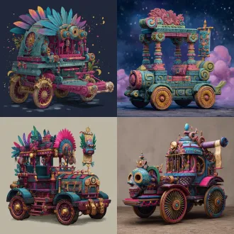 请根据文字描述，生成一张8k分辨率图片，图片画风采用纯写实画风，融合有falcom公司知名arpg游戏《伊苏》系列之画风，画面为一辆上古时代异世界原始部落风与埃及文明风、安第斯文明风，及星际争霸虫族文明和人族文明造型要素，还有《死亡之屋2》生化恐怖风艺术要素，交融流合之奇幻载具，奇幻部落载具要显得宽阔巨型大气，画面构图视角为宽屏广景视角，魔幻载具风格鲜艳明亮、七彩六色、华丽复杂、曲折优雅、活泼可爱、立体明晰、天马行空、空灵玄妙、魔幻神奇、工艺精巧、科技卓绝、变形姿态，尽显古怪奇异华丽构造，背景不能黑洞洞一片和是为单色构造，背景充满青铜机械、晶石浮空岛与美食变幻而成的古怪建筑。原文：一辆魔幻载具，有着古印加娇子领驾驶台，与俄罗斯彩蛋饺子形体粉红色、彩虹色、水蓝色、紫绿色、青红色、藻绿色、橙黄色百褶轮辐，车身右侧挂着一卷星月面具祭祀头颅形状炫蓝色、红灰色、金黄色、剑鱼蓝跳棋拼盘。