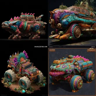 请根据文字描述，生成一张8k分辨率图片，图片采用纯写实画风，画面为一辆上古时代异世界原始部落风与埃及文明风、安第斯文明风，及星际争霸虫族文明和人族文明造型要素，还有《死亡之屋2》生化恐怖风造型，交融流合之奇幻载具，奇幻部落载具要显得宽阔巨型大气，画面构图视角为宽屏广景视角，魔幻载具风格鲜艳明亮、七彩六色、华丽复杂、曲折优雅、活泼可爱、立体明晰、天马行空、空灵玄妙、魔幻神奇、工艺精巧、科技卓绝、变形姿态，尽显古怪奇异华丽构造，背景不能黑洞洞一片和是为单色构造，背景充满青铜机械、晶石浮空岛与美食变幻而成的古怪建筑。原文：一辆立体雕刻载具，载具主色块为彩虹色、金绿色、水蓝色、粉蓝色，载具防滑链皱褶形状融合有波普彩虹、吊脚楼管、菜油朋克、古罗马艺术风情，是一座车柄空心镜台形状宫殿建筑，宫殿建筑，长有沏茶镜台形屋顶，三角弧镜体屋檐，车柄形状屋面，空心卷环状窗台，后车厢上还雕刻有奶冰雪山、悬空瀑布、避雷针耳朵标杆形魔兽图案，这只避雷针耳朵标杆形魔兽生长着避雷针形耳朵，实心针管状额头，液压钳杆态左眼，三角切分态右眼，标杆旗帜貌鼻孔，重合法线制嘴唇，雷霆针管态下颚。