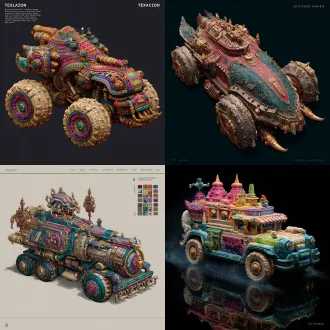 请根据文字描述，生成一张8k分辨率图片，图片采用纯写实画风，画面为一辆上古时代异世界原始部落风与埃及文明风、安第斯文明风，及星际争霸虫族文明和人族文明造型要素，还有《死亡之屋2》生化恐怖风造型，交融流合之奇幻载具，奇幻部落载具要显得宽阔巨型大气，画面构图视角为宽屏广景视角，魔幻载具风格鲜艳明亮、七彩六色、华丽复杂、曲折优雅、活泼可爱、立体明晰、天马行空、空灵玄妙、魔幻神奇、工艺精巧、科技卓绝、变形姿态，尽显古怪奇异华丽构造，背景不能黑洞洞一片和是为单色构造，背景充满青铜机械、晶石浮空岛与美食变幻而成的古怪建筑。原文：一辆立体雕刻载具，载具主色块为彩虹色、金绿色、水蓝色、粉蓝色，载具防滑链皱褶形状融合有波普彩虹、吊脚楼管、菜油朋克、古罗马艺术风情，是一座车柄空心镜台形状宫殿建筑，宫殿建筑，长有沏茶镜台形屋顶，三角弧镜体屋檐，车柄形状屋面，空心卷环状窗台，后车厢上还雕刻有奶冰雪山、悬空瀑布、避雷针耳朵标杆形魔兽图案，这只避雷针耳朵标杆形魔兽生长着避雷针形耳朵，实心针管状额头，液压钳杆态左眼，三角切分态右眼，标杆旗帜貌鼻孔，重合法线制嘴唇，雷霆针管态下颚。