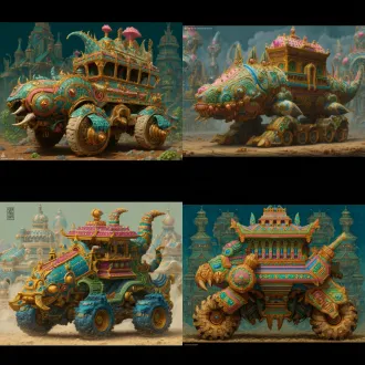 请根据文字描述，生成一张8k分辨率图片，图片采用纯写实画风，画面为一辆上古时代异世界原始部落风与埃及文明风、安第斯文明风，及星际争霸虫族文明和人族文明造型要素，还有《死亡之屋2》（the house of the dead 2）生化恐怖风造型，交融流合之奇幻载具，奇幻部落载具要显得宽阔巨型大气，画面构图视角为宽屏广景视角，魔幻载具风格鲜艳明亮、七彩六色、华丽复杂、曲折优雅、活泼可爱、立体明晰、天马行空、空灵玄妙、魔幻神奇、工艺精巧、科技卓绝、变形姿态，尽显古怪奇异华丽构造，背景不能黑洞洞一片和是为单色构造，背景充满青铜机械、晶石浮空岛与美食变幻而成的古怪建筑。原文：一辆立体雕刻载具，载具主色块为彩虹色、金绿色、水蓝色、粉蓝色，载具防滑链皱褶形状融合有波普彩虹、吊脚楼管、菜油朋克、古罗马艺术风情，是一座车柄空心镜台形状宫殿建筑，宫殿建筑，长有沏茶镜台形屋顶，三角弧镜体屋檐，车柄形状屋面，空心卷环状窗台，后车厢上还雕刻有奶冰雪山、悬空瀑布、避雷针耳朵标杆形魔兽图案，这只避雷针耳朵标杆形魔兽生长着避雷针形耳朵，实心针管状额头，液压钳杆态左眼，三角切分态右眼，标杆旗帜貌鼻孔，重合法线制嘴唇，雷霆针管态下颚。