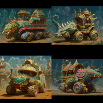 请根据文字描述，生成一张8k分辨率图片，图片采用纯写实画风，画面为一辆上古时代异世界原始部落风与埃及文明风、安第斯文明风，及星际争霸虫族文明和人族文明造型要素，还有《死亡之屋2》（the house of the dead 2）生化恐怖风造型，交融流合之奇幻载具，奇幻部落载具要显得宽阔巨型大气，画面构图视角为宽屏广景视角，魔幻载具风格鲜艳明亮、七彩六色、华丽复杂、曲折优雅、活泼可爱、立体明晰、天马行空、空灵玄妙、魔幻神奇、工艺精巧、科技卓绝、变形姿态，尽显古怪奇异华丽构造，背景不能黑洞洞一片和是为单色构造，背景充满青铜机械、晶石浮空岛与美食变幻而成的古怪建筑。原文：一辆立体雕刻载具，载具主色块为彩虹色、金绿色、水蓝色、粉蓝色，载具防滑链皱褶形状融合有波普彩虹、吊脚楼管、菜油朋克、古罗马艺术风情，是一座车柄空心镜台形状宫殿建筑，宫殿建筑，长有沏茶镜台形屋顶，三角弧镜体屋檐，车柄形状屋面，空心卷环状窗台，后车厢上还雕刻有奶冰雪山、悬空瀑布、避雷针耳朵标杆形魔兽图案，这只避雷针耳朵标杆形魔兽生长着避雷针形耳朵，实心针管状额头，液压钳杆态左眼，三角切分态右眼，标杆旗帜貌鼻孔，重合法线制嘴唇，雷霆针管态下颚。