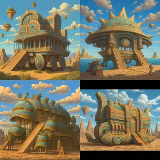 请根据文字描述，生成一张8k分辨率图片，线条干净清晰，超高清画质，高光亮洁。该图片采用现实世界画风，图片鲜艳明亮多彩，画面为一辆充满奇幻童话气息，且是为上古时代异世界原始部落风与埃及文明风、安第斯文明风，及星际争霸萨尔那加族文明和人族文明造型要素，还有《寂静岭》系列心理恐怖要素和《上古卷轴》系列阿卡维尔大陆蛇人文明和先祖神州阵营艺术风格，交融流合之奇幻部落风载具变幻而来之建筑，奇幻部落建筑要显得宽阔巨型大气，画面构图视角采用巨大长屏视角尺寸，画面色调明亮鲜艳，画面尺寸辽阔深远大气，建筑风格鲜艳明亮、七彩六色、华丽复杂、曲折优雅、活泼可爱、立体明晰、天马行空、空灵玄妙、魔幻神奇、工艺精巧、科技卓绝、变形姿态，尽显古怪奇异华丽构造，再次强调，尽显古怪奇异华丽构造，画面中适当出现帝国时代2和奇幻童话风美术要素，背景不能黑洞洞一片和是为单色构造，背景停放有原文文字描述所示同类建筑纹理与造型变形而来之奇形怪状奇幻异世界风魔幻战车，天空中还有一些浮空岛形状十分奇特，岛屿形貌是为由中亚民族美食材质元素构成之奇幻异世界风战车，原文：由蔬菜酱汁与水果溶液构成之流体山脉的垭口周边，排布有一种车型建筑，建筑屋顶天台呈鱼鳞雕花锯齿形貌，屋顶为镂空星月形状投石车图腾与披萨饼面具交叉纵横之形态构造，其屋檐宛若一片片车轮轴线、魔法符咒、天文星座、水果肉片、雕花莲座，复合而成之灵动图腾，那外墙好比一辆水晶炼金术滚筒车辆，其楼梯表现为空心轮胎、星形轮轴、锐角轮毂、五角轮芯形态构建。