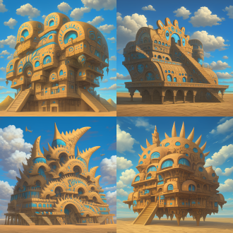 请根据文字描述，生成一张8k分辨率图片，图片采用现实世界画风，图片明亮多彩，线条清晰干净，画面超高清，风格唯美梦幻，画面为一辆充满奇幻童话气息，且是为上古时代异世界原始部落风与埃及文明风、安第斯文明风，及星际争霸萨尔那加族文明和人族文明造型要素，还有《寂静岭》系列心理恐怖要素和《上古卷轴》系列阿卡维尔大陆蛇人文明和先祖神州阵营艺术风格，交融流合之奇幻部落风载具变幻而来之建筑，奇幻部落建筑要显得宽阔巨型大气，画面构图视角采用巨大长屏视角尺寸，画面色调明亮鲜艳，画面尺寸辽阔深远大气，建筑风格鲜艳明亮、七彩六色、华丽复杂、曲折优雅、活泼可爱、立体明晰、天马行空、空灵玄妙、魔幻神奇、工艺精巧、科技卓绝、变形姿态，尽显古怪奇异华丽构造，再次强调，尽显古怪奇异华丽构造，画面中适当出现帝国时代2和奇幻童话风美术要素，背景不能黑洞洞一片和是为单色构造，背景停放有原文文字描述所示同类建筑纹理与造型变形而来之奇形怪状奇幻异世界风魔幻战车，天空中还有一些浮空岛形状十分奇特，岛屿形貌是为由中亚民族美食材质元素构成之奇幻异世界风战车，原文：由蔬菜酱汁与水果溶液构成之流体山脉的垭口周边，排布有一种车型建筑，建筑屋顶天台呈鱼鳞雕花锯齿形貌，屋顶为镂空星月形状投石车图腾与披萨饼面具交叉纵横之形态构造，其屋檐宛若一片片车轮轴线、魔法符咒、天文星座、水果肉片、雕花莲座，复合而成之灵动图腾，那外墙好比一辆水晶炼金术滚筒车辆，其楼梯表现为空心轮胎、星形轮轴、锐角轮毂、五角轮芯形态构建。 英文