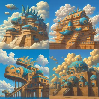 请根据文字描述，生成一张8k分辨率图片，图片采用现实世界画风，图片明亮多彩，线条清晰干净，画面超高清，风格唯美梦幻，画面为一辆充满奇幻童话气息，且是为上古时代异世界原始部落风与埃及文明风、安第斯文明风，及星际争霸萨尔那加族文明和人族文明造型要素，还有《寂静岭》系列心理恐怖要素和《上古卷轴》系列阿卡维尔大陆蛇人文明和先祖神州阵营艺术风格，交融流合之奇幻部落风载具变幻而来之建筑，奇幻部落建筑要显得宽阔巨型大气，画面构图视角采用巨大长屏视角尺寸，画面色调明亮鲜艳，画面尺寸辽阔深远大气，建筑风格鲜艳明亮、七彩六色、华丽复杂、曲折优雅、活泼可爱、立体明晰、天马行空、空灵玄妙、魔幻神奇、工艺精巧、科技卓绝、变形姿态，尽显古怪奇异华丽构造，再次强调，尽显古怪奇异华丽构造，画面中适当出现帝国时代2和奇幻童话风美术要素，背景不能黑洞洞一片和是为单色构造，背景停放有原文文字描述所示同类建筑纹理与造型变形而来之奇形怪状奇幻异世界风魔幻战车，天空中还有一些浮空岛形状十分奇特，岛屿形貌是为由中亚民族美食材质元素构成之奇幻异世界风战车，原文：由蔬菜酱汁与水果溶液构成之流体山脉的垭口周边，排布有一种车型建筑，建筑屋顶天台呈鱼鳞雕花锯齿形貌，屋顶为镂空星月形状投石车图腾与披萨饼面具交叉纵横之形态构造，其屋檐宛若一片片车轮轴线、魔法符咒、天文星座、水果肉片、雕花莲座，复合而成之灵动图腾，那外墙好比一辆水晶炼金术滚筒车辆，其楼梯表现为空心轮胎、星形轮轴、锐角轮毂、五角轮芯形态构建。 英文