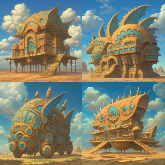 请根据文字描述，生成一张8k分辨率图片，图片采用现实世界画风，图片明亮多彩，线条清晰干净，画面超高清，风格唯美梦幻，画面为一辆充满奇幻童话气息，且是为一辆上古时代异世界原始部落风与埃及文明风、安第斯文明风，以及星际争霸萨尔那加族文明和神族文明、人族造型要素，还有奇幻童话世界风造型要素，交融流合之奇幻部落风载具变幻而来之建筑，奇幻部落建筑要显得宽阔巨型大气，画面构图视角采用巨大长屏视角尺寸，画面色调明亮鲜艳，画面尺寸辽阔深远大气，建筑风格鲜艳明亮、七彩六色、华丽复杂、曲折优雅、活泼可爱、立体明晰、天马行空、空灵玄妙、魔幻神奇、工艺精巧、科技卓绝、变形姿态，尽显古怪奇异华丽构造，再次强调，尽显古怪奇异华丽构造，画面中适当出现帝国时代2和奇幻童话风美术要素，背景不能黑洞洞一片和是为单色构造，背景停放有原文文字描述所示同类建筑纹理与造型变形而来之奇形怪状奇幻异世界风魔幻战车，天空中还有一些浮空岛形状十分奇特，岛屿形貌是为由中亚民族美食材质元素构成之奇幻异世界风战车，原文：由蔬菜酱汁与水果溶液构成之流体山脉的垭口周边，排布有一种车型建筑，建筑屋顶天台呈鱼鳞雕花锯齿形貌，屋顶为镂空星月形状投石车图腾与披萨饼面具交叉纵横之形态构造，其屋檐宛若一片片车轮轴线、魔法符咒、天文星座、水果肉片、雕花莲座，复合而成之灵动图腾，那外墙好比一辆水晶炼金术滚筒车辆，其楼梯表现为空心轮胎、星形轮轴、锐角轮毂、五角轮芯形态构建。 英文