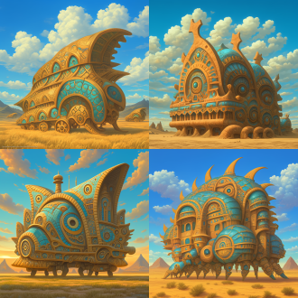 请根据文字描述，生成一张8k分辨率图片，图片采用现实世界画风，图片明亮多彩，线条清晰干净，画面超高清，风格唯美梦幻，画面为一辆充满奇幻童话气息，且是为，一辆上古时代异世界原始部落风与埃及文明风、安第斯文明风，及星际争霸萨尔那加族文明和人族文明造型要素，还有《寂静岭》系列心理恐怖要素和《上古卷轴》系列阿卡维尔大陆蛇人文明及先祖神州阵营艺术风格，包括奇幻童话世界风造型要素，且包含星际争霸萨尔那加族文明和神族文明、人族艺术风情，外加奇幻童话世界风造型要素，交融流合之奇幻部落风建筑，奇幻部落建筑要显得宽阔巨型大气，画面构图视角采用巨大长屏视角尺寸，画面色调明亮鲜艳，画面尺寸辽阔深远大气，建筑风格鲜艳明亮、七彩六色、华丽复杂、曲折优雅、活泼可爱、立体明晰、天马行空、空灵玄妙、魔幻神奇、工艺精巧、科技卓绝、变形姿态，尽显古怪奇异华丽构造，再次强调，尽显古怪奇异华丽构造，画面中适当出现帝国时代2和奇幻童话风美术要素，背景不能黑洞洞一片和是为单色构造，背景停放有原文文字描述所示同类建筑纹理与造型变形而来之奇形怪状奇幻异世界风魔幻战车，天空中还有一些浮空岛形状十分奇特，岛屿形貌是为由中亚民族美食材质元素构成之奇幻异世界风战车，原文：由蔬菜酱汁与水果溶液构成之流体山脉的垭口周边，排布有一种车型建筑，建筑屋顶天台呈鱼鳞雕花锯齿形貌，屋顶为镂空星月形状投石车图腾与披萨饼面具交叉纵横之形态构造，其屋檐宛若一片片车轮轴线、魔法符咒、天文星座、水果肉片、雕花莲座，复合而成之灵动图腾，那外墙好比一辆水晶炼金术滚筒车辆，其楼梯表现为空心轮胎、星形轮轴、锐角轮毂、五角轮芯形态构建。