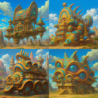 请根据文字描述，生成一张8k分辨率图片，图片采用现实世界画风，图片明亮多彩，线条清晰干净，画面超高清，风格唯美梦幻，画面为一辆充满奇幻童话气息，且是为，一辆上古时代异世界原始部落风与埃及文明风、安第斯文明风，及星际争霸萨尔那加族文明和人族文明造型要素，还有《寂静岭》系列心理恐怖要素和《上古卷轴》系列阿卡维尔大陆蛇人文明及先祖神州阵营艺术风格，包括奇幻童话世界风造型要素，且包含星际争霸萨尔那加族文明和神族文明、人族艺术风情，外加奇幻童话世界风造型要素，交融流合之奇幻部落风建筑，奇幻部落建筑要显得宽阔巨型大气，画面构图视角采用巨大长屏视角尺寸，画面色调明亮鲜艳，画面尺寸辽阔深远大气，建筑风格鲜艳明亮、七彩六色、华丽复杂、曲折优雅、活泼可爱、立体明晰、天马行空、空灵玄妙、魔幻神奇、工艺精巧、科技卓绝、变形姿态，尽显古怪奇异华丽构造，再次强调，尽显古怪奇异华丽构造，画面中适当出现帝国时代2和奇幻童话风美术要素，背景不能黑洞洞一片和是为单色构造，背景停放有原文文字描述所示同类建筑纹理与造型变形而来之奇形怪状奇幻异世界风魔幻战车，天空中还有一些浮空岛形状十分奇特，岛屿形貌是为由中亚民族美食材质元素构成之奇幻异世界风战车，原文：由蔬菜酱汁与水果溶液构成之流体山脉的垭口周边，排布有一种车型建筑，建筑屋顶天台呈鱼鳞雕花锯齿形貌，屋顶为镂空星月形状投石车图腾与披萨饼面具交叉纵横之形态构造，其屋檐宛若一片片车轮轴线、魔法符咒、天文星座、水果肉片、雕花莲座，复合而成之灵动图腾，那外墙好比一辆水晶炼金术滚筒车辆，其楼梯表现为空心轮胎、星形轮轴、锐角轮毂、五角轮芯形态构建。