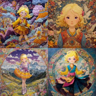 根据文字描述，该图片中有—米黄秀发紫色瞳孔美少女，风格鲜艳明亮古怪超短裙温柔可爱，她极富青藏高原民族风情与唐卡艺术风格，图片构图采用广景宽屏视角，图片尺寸深远辽阔大气，短裙不同层级得体现垂直海拔高度差异与各海拔地貌附带动植物不同。原文—云鑫族女孩会在裙腰或内裙角敷贴上药液、砂粉、晶体、粒子和尘埃，遇到心仪之人和需要动用额外功课紧急救难时，就抓扒一下裙子内部，将这些裙粉播撒和涂抹到自己及他人身上发挥功效，比如让自己的眼睛透过盐晶液折射作用，能够直视恒星级行星的强烈辐射和用盐晶过滤眼球内容水，以生物仪器控制人体脉搏来连线泪腺，操纵泪腺开合度，决定流下眼泪的频率多寡与否，将眼泪转化为饮用水及透视水运用。