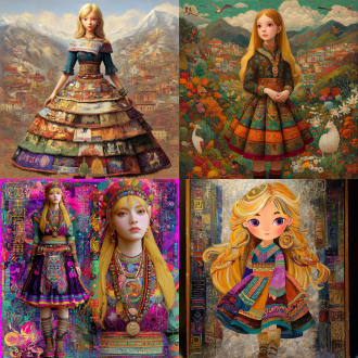 该半写实画风，鲜艳多彩，天马行空，古灵精怪，衣着立体清晰，面容惹人怜爱，穿过膝短裙之写实风格温柔可爱金色秀发紫色瞳孔美少女，被转换为极富安第斯高原民族风情，波利尼西亚文明综艺风情，格萨尔王史诗要素，西非马里帝国图腾风貌，土库曼骑士面具，图瓦萨满祭祀艺术风格，图片构图采用广景宽屏视角，图片尺寸深远辽阔大气，她短裙不同层级得体现垂直海拔高度差异与各地貌动植物及附带民族图腾风建筑式机械之不同，图片构图采用广景宽屏视角，图片尺寸深远辽阔大气，短裙不同层级得体现垂直海拔高度差异与地貌气植被候不同，原文—在云鑫族女性中流行一种人体艺术形式，透过设置裙子对自己展开自动捆绑模式，任由裙子将自己活生生捆绑成一个弹性物件，调动和激活自己体内的软体动物祖先之dna脉，在裙子的捆绑和拉扯作用力下，像盘卷成塔的蟒蛇和回旋飘动的海星一样盘卷四肢，扭动躯体，实现如梦似幻的舞蹈效果。