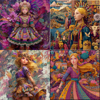 该半写实画风，鲜艳多彩，天马行空，古灵精怪，衣着立体清晰，面容惹人怜爱，穿过膝短裙之写实风格温柔可爱金色秀发紫色瞳孔美少女，被转换为极富安第斯高原民族风情，波利尼西亚文明综艺风情，格萨尔王史诗要素，西非马里帝国图腾风貌，土库曼骑士面具，图瓦萨满祭祀艺术风格，图片构图采用广景宽屏视角，图片尺寸深远辽阔大气，她短裙不同层级得体现垂直海拔高度差异与各地貌动植物及附带民族图腾风建筑式机械之不同，图片构图采用广景宽屏视角，图片尺寸深远辽阔大气，短裙不同层级得体现垂直海拔高度差异与地貌气植被候不同，原文—在云鑫族女性中流行一种人体艺术形式，透过设置裙子对自己展开自动捆绑模式，任由裙子将自己活生生捆绑成一个弹性物件，调动和激活自己体内的软体动物祖先之dna脉，在裙子的捆绑和拉扯作用力下，像盘卷成塔的蟒蛇和回旋飘动的海星一样盘卷四肢，扭动躯体，实现如梦似幻的舞蹈效果。