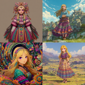 该半写实二次元画风，鲜艳多彩，天马行空，古灵精怪，衣着立体清晰，面容惹人怜爱，穿过膝短裙之写实风格温柔可爱金色秀发紫色瞳孔美少女，被转换为极富安第斯高原民族风情，波利尼西亚文明综艺风情，格萨尔王史诗要素，西非马里帝国图腾风貌，土库曼骑士面具，图瓦萨满祭祀艺术风格，图片构图采用广景宽屏视角，图片尺寸深远辽阔大气，她短裙不同层级得体现垂直海拔高度差异与各地貌动植物及附带民族图腾风建筑式机械之不同，图片构图采用广景宽屏视角，图片尺寸深远辽阔大气，短裙不同层级得体现垂直海拔高度差异与地貌气植被候不同，原文—在云鑫族女性中流行一种人体艺术形式，透过设置裙子对自己展开自动捆绑模式，任由裙子将自己活生生捆绑成一个弹性物件，调动和激活自己体内的软体动物祖先之dna脉，在裙子的捆绑和拉扯作用力下，像盘卷成塔的蟒蛇和回旋飘动的海星一样盘卷四肢，扭动躯体，实现如梦似幻的舞蹈效果。