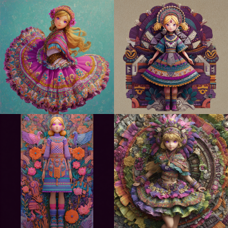 该半写实画风，鲜艳多彩，天马行空，古灵精怪，衣着立体清晰，面容惹人怜爱，穿过膝短裙之写实风格温柔可爱金色秀发紫色瞳孔美少女，被转换为极富安第斯高原民族风情，波利尼西亚文明综艺风情，格萨尔王史诗要素，西非马里帝国图腾风貌，土库曼骑士面具，图瓦萨满祭祀艺术风格，图片构图采用广景宽屏视角，图片尺寸深远辽阔大气，她短裙不同层级得体现垂直海拔高度差异与各地貌动植物及附带民族图腾风建筑式机械之不同，图片构图采用广景宽屏视角，图片尺寸深远辽阔大气，短裙不同层级得体现垂直海拔高度差异与地貌气植被候不同，原文—在云鑫族女性中流行一种人体艺术形式，透过设置裙子对自己展开自动捆绑模式，任由裙子将自己活生生捆绑成一个弹性物件，调动和激活自己体内的软体动物祖先之dna脉，在裙子的捆绑和拉扯作用力下，像盘卷成塔的蟒蛇和回旋飘动的海星一样盘卷四肢，扭动躯体，实现如梦似幻的舞蹈效果。