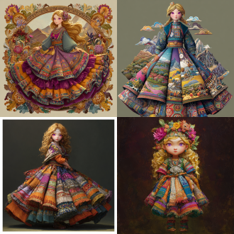 该半写实画风，鲜艳多彩，天马行空，古灵精怪，衣着立体清晰，面容惹人怜爱，穿过膝短裙之写实风格温柔可爱金色秀发紫色瞳孔美少女，被转换为极富安第斯高原民族风情，波利尼西亚文明综艺风情，格萨尔王史诗要素，西非马里帝国图腾风貌，土库曼骑士面具，图瓦萨满祭祀艺术风格，图片构图采用广景宽屏视角，图片尺寸深远辽阔大气，她短裙不同层级得体现垂直海拔高度差异与各地貌动植物及附带民族图腾风建筑式机械之不同，图片构图采用广景宽屏视角，图片尺寸深远辽阔大气，短裙不同层级得体现垂直海拔高度差异与地貌气植被候不同，原文—在云鑫族女性中流行一种人体艺术形式，透过设置裙子对自己展开自动捆绑模式，任由裙子将自己活生生捆绑成一个弹性物件，调动和激活自己体内的软体动物祖先之dna脉，在裙子的捆绑和拉扯作用力下，像盘卷成塔的蟒蛇和回旋飘动的海星一样盘卷四肢，扭动躯体，实现如梦似幻的舞蹈效果。