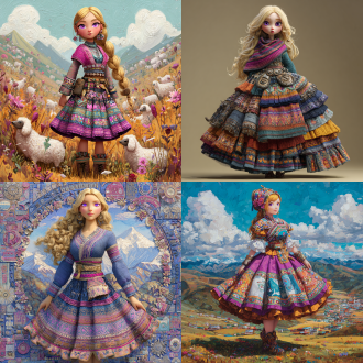 该半写实画风，鲜艳多彩，天马行空，古灵精怪，衣着立体清晰，面容惹人怜爱，穿过膝短裙之写实风格温柔可爱金色秀发紫色瞳孔美少女，被转换为极富安第斯高原民族风情，波利尼西亚文明综艺风情，格萨尔王史诗要素，西非马里帝国图腾风貌，土库曼骑士面具，图瓦萨满祭祀艺术风格，图片构图采用广景宽屏视角，图片尺寸深远辽阔大气，她短裙不同层级得体现垂直海拔高度差异与各地貌动植物及附带民族图腾风建筑式机械之不同，图片构图采用广景宽屏视角，图片尺寸深远辽阔大气，短裙不同层级得体现垂直海拔高度差异与地貌气植被候不同，原文—在云鑫族女性中流行一种人体艺术形式，透过设置裙子对自己展开自动捆绑模式，任由裙子将自己活生生捆绑成一个弹性物件，调动和激活自己体内的软体动物祖先之dna脉，在裙子的捆绑和拉扯作用力下，像盘卷成塔的蟒蛇和回旋飘动的海星一样盘卷四肢，扭动躯体，实现如梦似幻的舞蹈效果。