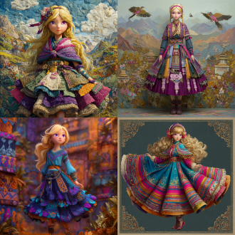 该半写实画风，鲜艳多彩，天马行空，古灵精怪，衣着立体清晰，面容惹人怜爱，穿过膝短裙之写实风格温柔可爱金色秀发紫色瞳孔美少女，被转换为极富安第斯高原民族风情，波利尼西亚文明综艺风情，格萨尔王史诗要素，西非马里帝国图腾风貌，土库曼骑士面具，图瓦萨满祭祀艺术风格，图片构图采用广景宽屏视角，图片尺寸深远辽阔大气，她短裙不同层级得体现垂直海拔高度差异与各地貌动植物及附带民族图腾风建筑式机械之不同，图片构图采用广景宽屏视角，图片尺寸深远辽阔大气，短裙不同层级得体现垂直海拔高度差异与地貌气植被候不同，原文—在云鑫族女性中流行一种人体艺术形式，透过设置裙子对自己展开自动捆绑模式，任由裙子将自己活生生捆绑成一个弹性物件，调动和激活自己体内的软体动物祖先之dna脉，在裙子的捆绑和拉扯作用力下，像盘卷成塔的蟒蛇和回旋飘动的海星一样盘卷四肢，扭动躯体，实现如梦似幻的舞蹈效果。