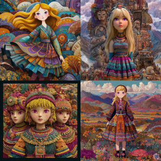 该半写实画风，鲜艳多彩，天马行空，古灵精怪，衣着立体清晰，面容惹人怜爱，穿过膝短裙之写实风格温柔可爱金色秀发紫色瞳孔美少女，被转换为极富安第斯高原民族风情，波利尼西亚文明综艺风情，格萨尔王史诗要素，西非马里帝国图腾风貌，土库曼骑士面具，图瓦萨满祭祀艺术风格，图片构图采用广景宽屏视角，图片尺寸深远辽阔大气，她短裙不同层级得体现垂直海拔高度差异与各地貌动植物及附带民族图腾风建筑式机械之不同，图片构图采用广景宽屏视角，图片尺寸深远辽阔大气，短裙不同层级得体现垂直海拔高度差异与地貌气植被候不同，原文—在云鑫族女性中流行一种人体艺术形式，透过设置裙子对自己展开自动捆绑模式，任由裙子将自己活生生捆绑成一个弹性物件，调动和激活自己体内的软体动物祖先之dna脉，在裙子的捆绑和拉扯作用力下，像盘卷成塔的蟒蛇和回旋飘动的海星一样盘卷四肢，扭动躯体，实现如梦似幻的舞蹈效果。