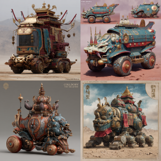 该科幻载具极富户隐高原风情，阿塔卡马高原图腾艺术，四川音乐剧风貌，《科尔泌潮尔》史诗要素，阿卡德神话风情，合金弹头巨龙乃介面具，长生天祭祀艺术风格。