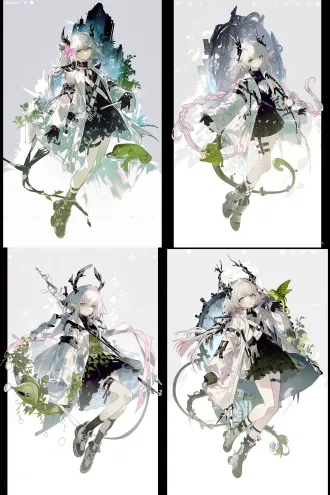 单人立绘，日式商业游戏原画水准，角色设计，明日方舟风格，二次元动漫风格，完美的图形构成关系，未来感无机质，幻想都市风格，插画感，人物全身，生动丰富的姿势，大动态，灵动，氛围感，清透质感，清透光影，暗黑童话风格，温柔，幻想风格，独特剪裁，白色长发少女，实验人员，白大褂，雨靴，腿环，绿色变色龙，绿植，工业支架，低饱和配色，白色背景，精致细节，纤细，瘦，大师级别光影，人物立绘