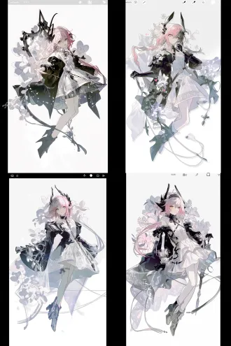 单人立绘，日式商业游戏原画水准，角色设计，明日方舟风格，二次元动漫风格，完美的图形构成关系，未来感无机质，幻想风格，插画感，人物全身，生动丰富的姿势，大动态，灵动，氛围感，清透质感，清透光影，暗黑童话风格，温柔，幻想风格，独特剪裁，粉色长发少女，白花，希腊白裙，仙子，低饱和配色，白色背景，精致细节，纤细，瘦，大师级别光影，人物立绘