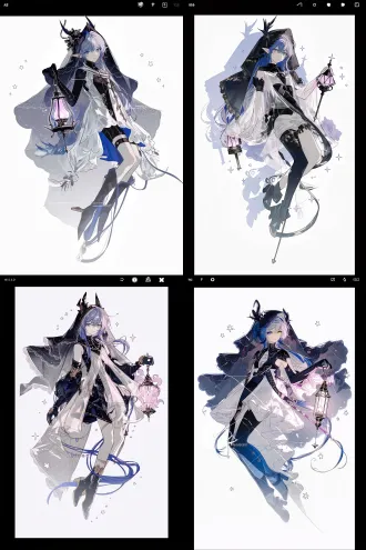 单人立绘，日式商业游戏原画水准，角色设计，明日方舟风格，二次元动漫风格，完美的图形构成关系，未来感无机质，幻想风格，插画感，人物全身，生动丰富的姿势，大动态，灵动，氛围感，清透质感，清透光影，暗黑童话风格，温柔，幻想风格，独特剪裁，蓝色长发少女，刺客，黑色半透明面纱，阿拉伯风格编发发尾，神灯，星辰，无袖白袍，低饱和配色，白色背景，精致细节，纤细，瘦，大师级别光影，人物立绘