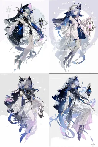 单人立绘，日式商业游戏原画水准，角色设计，明日方舟风格，二次元动漫风格，完美的图形构成关系，未来感无机质，幻想风格，插画感，人物全身，生动丰富的姿势，大动态，灵动，氛围感，清透质感，清透光影，暗黑童话风格，温柔，幻想风格，独特剪裁，蓝色长发少女，刺客，黑色半透明面纱，阿拉伯风格编发发尾，神灯，星辰，无袖白袍，低饱和配色，白色背景，精致细节，纤细，瘦，大师级别光影，人物立绘