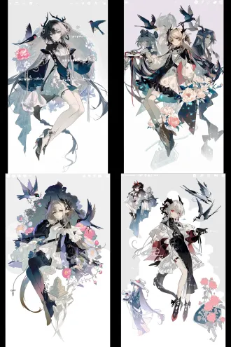 单人立绘，日式商业游戏原画水准，角色设计，明日方舟风格，二次元动漫风格，完美的图形构成关系，未来感无机质，幻想风格，插画感，人物全身，生动丰富的姿势，大动态，灵动，氛围感，清透质感，清透光影，暗黑童话风格，温柔，幻想风格，独特剪裁，中式长发少女，中式山水画卷，一对燕子，牡丹花，小花神，唐朝仕女服，中式风格，低饱和配色，白色背景，精致细节，纤细，瘦，大师级别光影，人物立绘