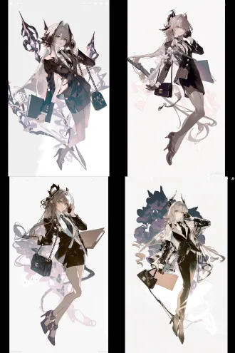 单人立绘，日式商业游戏原画水准，角色设计，明日方舟风格，二次元动漫风格，完美的图形构成关系，未来感无机质，幻想风格，插画感，人物全身，生动丰富的姿势，大动态，灵动，氛围感，清透质感，清透光影，暗黑童话风格，温柔，幻想风格，独特剪裁，长发少女，西服白领，香奈儿包，打电话，精致都市丽人，抱着文件夹，黑棕配色，低饱和配色，白色背景，精致细节，纤细，瘦，大师级别光影，人物立绘