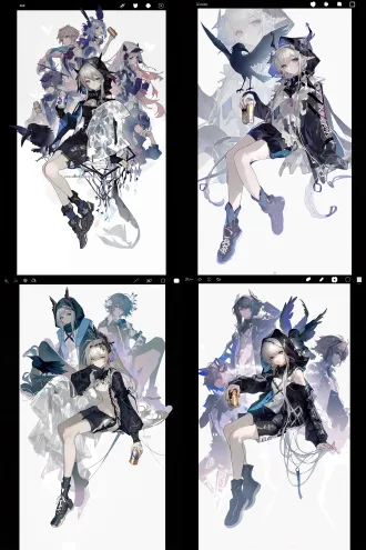 单人立绘，日式商业游戏原画水准，角色设计，明日方舟风格，二次元动漫风格，完美的图形构成关系，未来感无机质，幻想风格，插画感，人物全身，生动丰富的姿势，大动态，灵动，氛围感，清透质感，清透光影，暗黑童话风格，温柔，幻想风格，独特剪裁，坐姿，拿着罐装啤酒，忧郁的少女，黑色兜帽外套，运动服，乌鸦，低饱和配色，白色背景，精致细节，纤细，瘦，大师级别光影，人物立绘