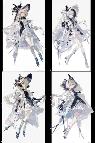 单人立绘，日式商业游戏原画水准，角色设计，明日方舟风格，二次元动漫风格，完美的图形构成关系，未来感无机质，幻想风格，插画感，人物全身，生动丰富的姿势，大动态，灵动，氛围感，清透质感，清透光影，暗黑童话风格，温柔，幻想风格，独特剪裁，白鸽少女，白色吊带连衣裙，白色大衣，蕾丝手套，纯白配色，低饱和配色，白色背景，精致细节，纤细，瘦，大师级别光影，人物立绘