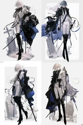 单人立绘，日式商业游戏原画水准，角色设计，明日方舟风格，二次元动漫风格，完美的图形构成关系，未来感无机质，幻想风格，插画感，人物全身，生动丰富的姿势，大动态，灵动，氛围感，清透质感，清透光影，暗黑童话风格，温柔，幻想风格，独特剪裁，王子，绶带与白色西服和黑色长筒靴，拿着长剑，蓝色披风，丝带，墓碑，枯树荒原，低饱和配色，白色背景，精致细节，纤细，瘦，大师级别光影，人物立绘