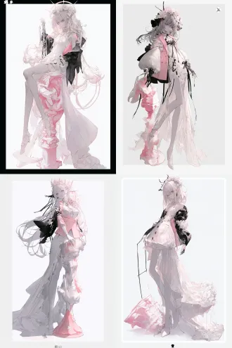 单人立绘，日式商业游戏原画水准，角色设计，明日方舟风格，二次元动漫风格，完美的图形构成关系，未来感无机质，幻想风格，插画感，人物全身，生动丰富的姿势，大动态，灵动，氛围感，清透质感，清透光影，暗黑童话风格，温柔，幻想风格，独特剪裁，白花少女，白色连衣长裙，超长下摆，粉色高腰西服外套，粉白色雕塑坐台，头顶花环，低饱和配色，白色背景，精致细节，纤细，瘦，大师级别光影，人物立绘