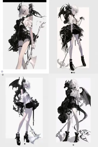 单人立绘，日式商业游戏原画水准，角色设计，明日方舟风格，二次元动漫风格，完美的图形构成关系，未来感无机质，幻想风格，插画感，人物全身，生动丰富的姿势，大动态，灵动，氛围感，清透质感，清透光影，暗黑童话风格，温柔，幻想风格，独特剪裁，黑龙少女，白色短发，现代服装，黑色短裤，白色露肩t恤，肩头站着一只小西方黑龙，少女拿着超长手柄的银斧，低饱和配色，白色背景，精致细节，纤细，瘦，大师级别光影，人物立绘