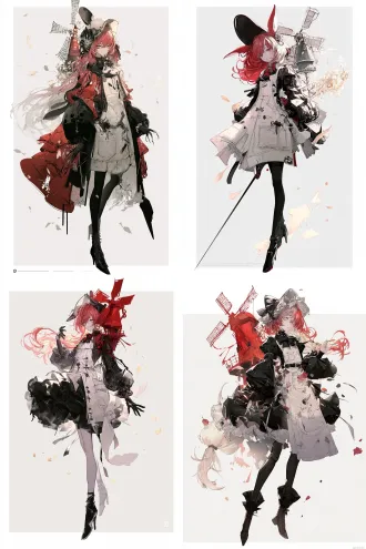 单人立绘，日式商业游戏原画水准，角色设计，明日方舟风格，二次元动漫风格，完美的图形构成关系，未来感无机质，幻想都市风格，插画感，人物全身，生动丰富的姿势，大动态，灵动，氛围感，清透质感，清透光影，暗黑童话风格，温柔，幻想风格，独特剪裁，红色短发少女，农场红色大风车拟人化，穿着帆布围裙，树叶飘落，低饱和配色，白色背景，精致细节，纤细，瘦，大师级别光影，人物立绘