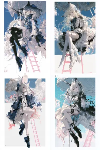 单人立绘，日式商业游戏原画水准，角色设计，明日方舟风格，二次元动漫风格，完美的图形构成关系，未来感无机质，幻想都市风格，插画感，人物全身，生动丰富的姿势，大动态，灵动，氛围感，清透质感，清透光影，暗黑童话风格，温柔，幻想风格，独特剪裁，梦核少女，旋转木马，蓝天，云朵，粉色梯子，低饱和配色，白色背景，精致细节，纤细，瘦，大师级别光影，人物立绘