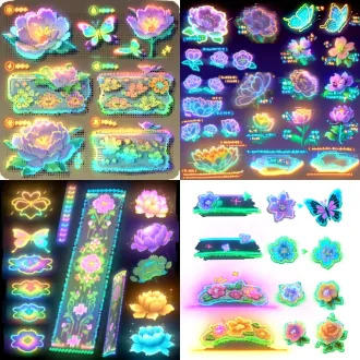 国立包装敦煌纹样设计，花草风格种子，色系如参考图所示，色调如图，使用对比色，蝴蝶，牡丹纹样，刺绣质感。加入四川非遗元素（提示词根据生成效果调整迭代，也可以让ai优化提示词。）
