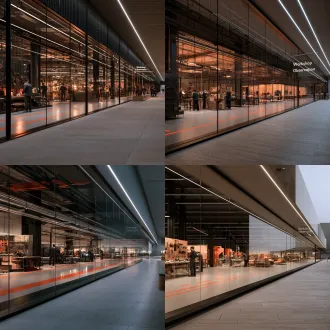 large workshop display area at the front of modern furniture culture hall, floor-to-ceiling glass wall connecting internal workshop with external corridor, inside visible woodworking area, metal frame welding area, upholstery assembly area, quality inspection station, finished product waiting area, workers in simple dark uniforms doing precise operations, orange-red safety markings, light grey epoxy floor, partial black steel structure, tool wall and equipment display, external corridor with light grey stone floor and linear led lights, minimal glass signage “工坊观察”, modern industrial exhibition, transparent manufacturing and craftmanship atmosphere, clean and sharp, bright lighting, commercial interior render, realistic rendering, wide-angle view, high detail