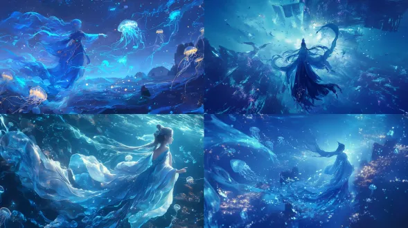 杰作，最佳质量，8k壁纸，一位美丽的古代中国年轻女子，直长银发，身着青色长衫，沉浸于深海，生物荧光辉映，头发散发柔和的银蓝色光芒，长衫如水母般飘动，荧光浮游生物环绕四周，神秘梦幻，电影级光影，广角镜头，高动态范围，柔焦背景，冷色调，宁静深邃，优雅漂浮，微光反射