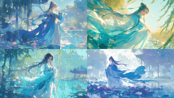(masterpiece, best quality, 8k wallpaper), 1girl, beautiful chinese young lady, flowing light blue silky long hair, wearing an elegant and intricate cyan hanfu with delicate embroidery, (ethereal beauty:1.2), serene smile, standing in a classical chinese garden with willow trees and lotus pond, soft daylight, delicate brushstrokes, traditional chinese painting style, (predominantly light blue and white color scheme:1.3)