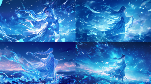 动漫风格，长发少女，浅蓝色汉服（飘 带轻盈飘逸、襦裙层次分明），背景为梦幻流动星空 (星云如水流般舒展、星辰闪烁如碎钻），少女发丝与 汉服飘带似水下舞动般柔软灵动，光影柔和梦幻，蓝色 调为主，氛围空灵浪漫，高分辨率，细节精致，画面通 透细腻。