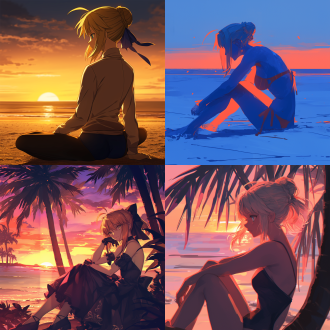 请以阿尔托莉雅(artoria pendragon)为主角，并以型月(type moon)画风为基础，根据其服装色调生成一张她身着泳衣在海边坐在沙滩上望着落日的画面,