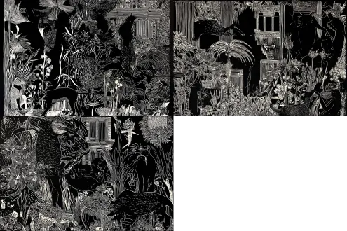 参考这些作品，帮我生成以黑色大面积色块为主，白线描绘的黑白木刻，画面中有动物植物建筑，黑白，细致