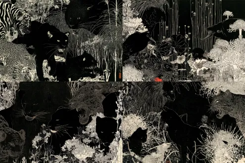 黑白木刻，以黑色为主，白色线条勾勒，动物穿插在植物中，细致，动物为黑色，植物用白线表现，画面注意黑白构成，构图，不要特别平均的都是线条
