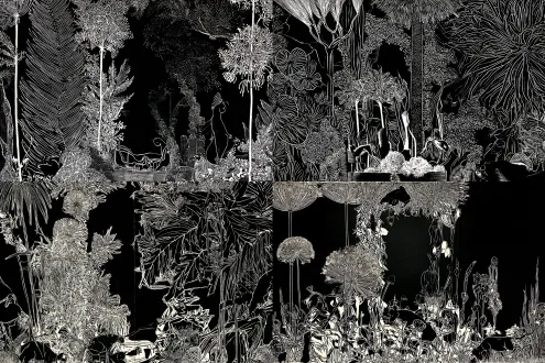 参考这张画的植物，黑白木刻效果，穿插一些动物，构图具有形式感，