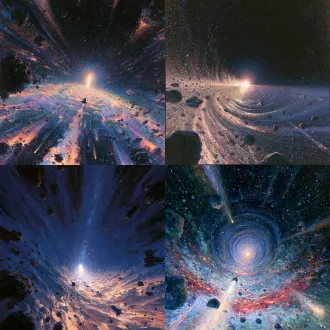 宇宙通道中，画面的中间是散发着光芒的通道出口，画面中间到画面四周的空间透视是由近到远透视感很强，很多陨石漂浮，一个宇宙飞船孤零零的向着画面中间的光点前进。超现实主义绘画，宇宙深渊创作，画面细致饱和度高，色彩斑斓，充满奇幻主义色彩