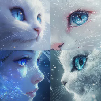 一个由粒子组成的古风插画，萌系，侧面，近距离眼部特写，笔触，明暗对比，超高清，白色的睫毛，蓝色的眼睛，高级感，最高画质，细腻渲染，粒子发光生物发光白色闪片透明流体环绕眼眸，丰富细节，朦胧感，白色粒子反光，河灿烂的眼眸，从眉眼间飘过行云流水和万千星展，面部阴影，丰富的细节，高质量，丰富的细节 白色的猫（绒毛质感蓬松柔软呈现渐变条纹，圆润眼反射环形柔光板高光，立体鼻头，侧逆光勾勒绒毛边缘白色辉光，q弹脸颊轮廓，高速同步闪光凝固飘散在空中的粒子，迪士尼卡通材质渲染技术展现细腻绒毛纹理）厚涂 插画写实逼真，艳丽的油画质感，细腻，bjd，罩染，