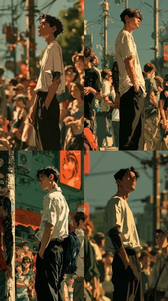 细长少年立人群中如纤长电线杆，白短袖黑长裤，左小臂暗沉纹路，阳光开朗，eva风格，中心构图，街头场景，青橙色调，50mm定焦镜头，侧逆光，清晰锐利，青春感