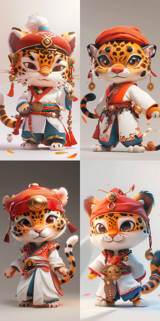 杰作，q版小豹子，身穿土耳其传统民族服饰，头戴红色棉质毡帽，白色长袍，外皮红色马甲，有民族纹饰和金属质感的配饰，深蓝色灯笼裤，五官精致，手部和脚步结构清晰，豹子的特征和花纹明显，英姿飒爽，8k，大师作品，工作室打光
