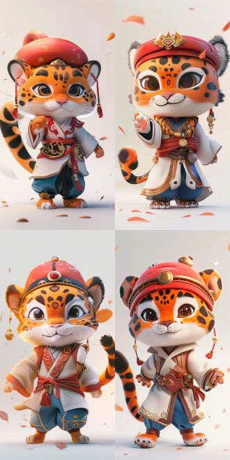 杰作，q版小豹子，身穿土耳其传统民族服饰，头戴红色棉质毡帽，白色长袍，外皮红色马甲，有民族纹饰和金属质感的配饰，深蓝色灯笼裤，五官精致，手部和脚步结构清晰，豹子的特征和花纹明显，英姿飒爽，8k，大师作品，工作室打光